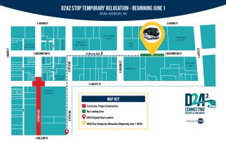 A wayfinding map shows the temporary stop relocation for D2A2's service in Ann Arbor. The map shows D2A2's original stop location, the route to the new D2A2 boarding zone, and the affected construction area.